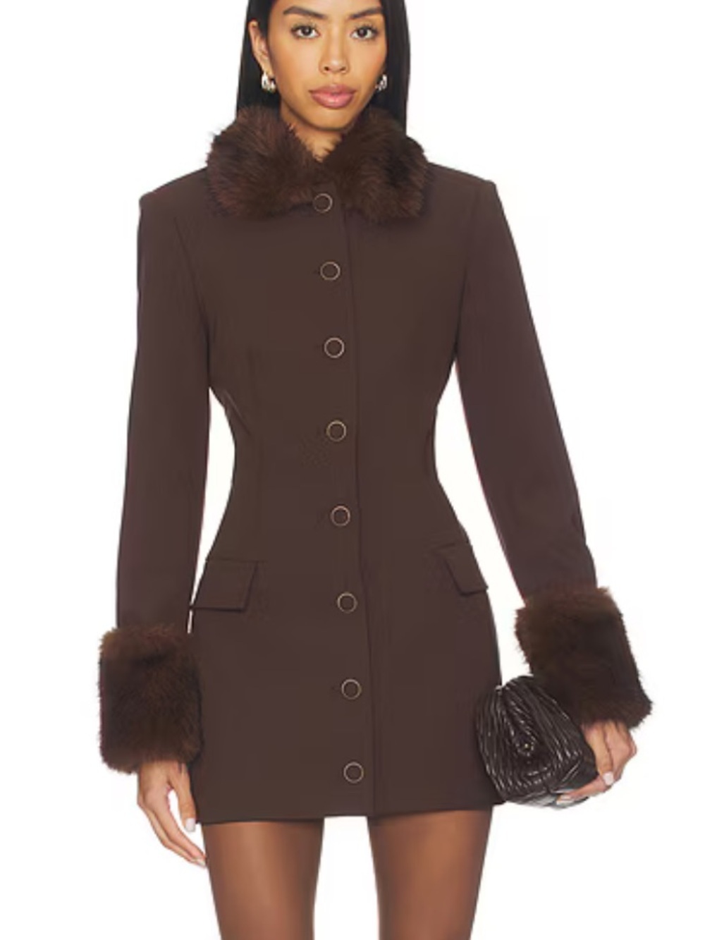 Ronny Kobo REVOLVE FWRD Lena Jacket Dress Brown Faux Fur Trim mini blazer $678 M